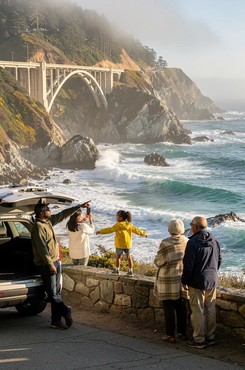 A scenic overlook at sunset with rugged headlands, a coastal road, and a nearby inn for an overnight stay.